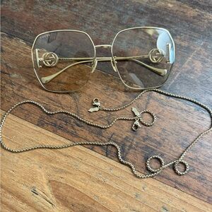 Authentic Gucci Gold Square Frame Glasses with Chain